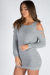Grey Knitted Cold Shoulder Cut Out Jumper Dress - Sienna-Jumper