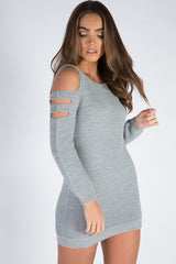 Grey Knitted Cold Shoulder Cut Out Jumper Dress - Sienna-Jumper