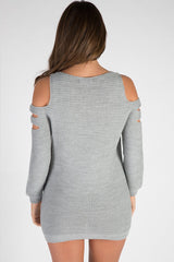 Grey Knitted Cold Shoulder Cut Out Jumper Dress - Sienna-Jumper