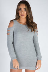 Grey Knitted Cold Shoulder Cut Out Jumper Dress - Sienna-Jumper
