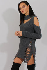 Grey Knitted Cut Out Front Cold Shoulder Distressed Jumper Dress - Jamie-Jumper