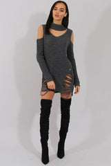 Grey Knitted Cut Out Front Cold Shoulder Distressed Jumper Dress - Jamie-Jumper