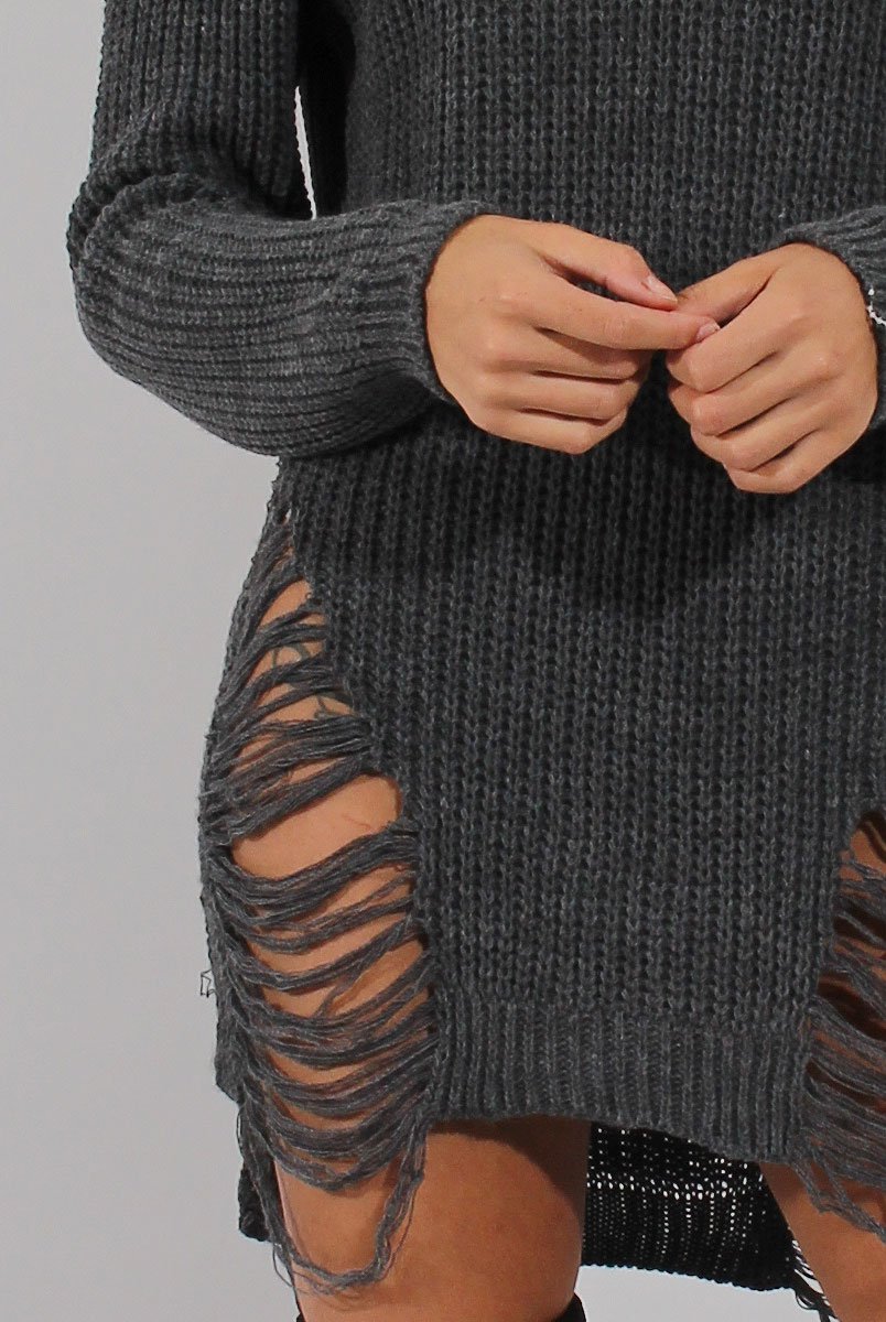 Grey Knitted Cut Out Front Cold Shoulder Distressed Jumper Dress - Jamie-Jumper