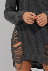 Grey Knitted Cut Out Front Cold Shoulder Distressed Jumper Dress - Jamie-Jumper