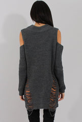 Grey Knitted Cut Out Front Cold Shoulder Distressed Jumper Dress - Jamie-Jumper