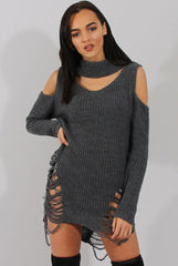 Grey Knitted Cut Out Front Cold Shoulder Distressed Jumper Dress - Jamie-Jumper