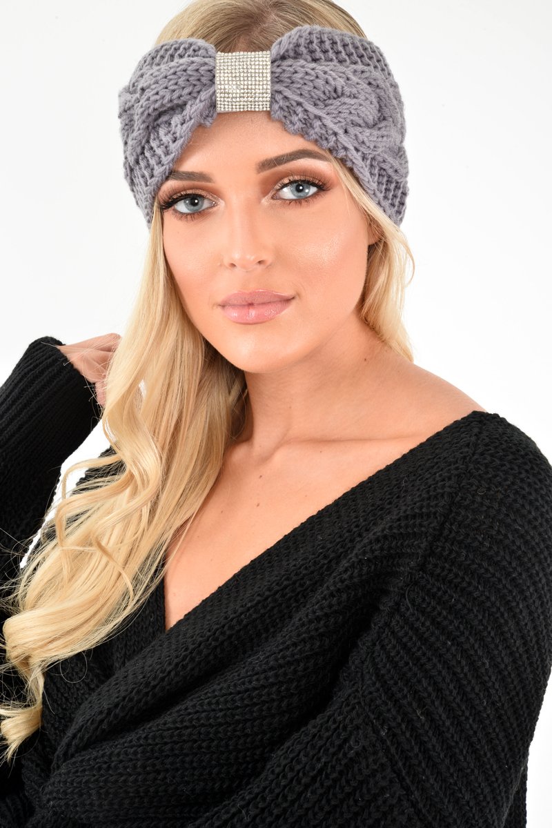 Grey Knitted Diamante Detail Headband - Marylu-Hair
