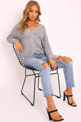 Grey Knitted Distressed Button Front Cardigan - Trudie-Cardigans