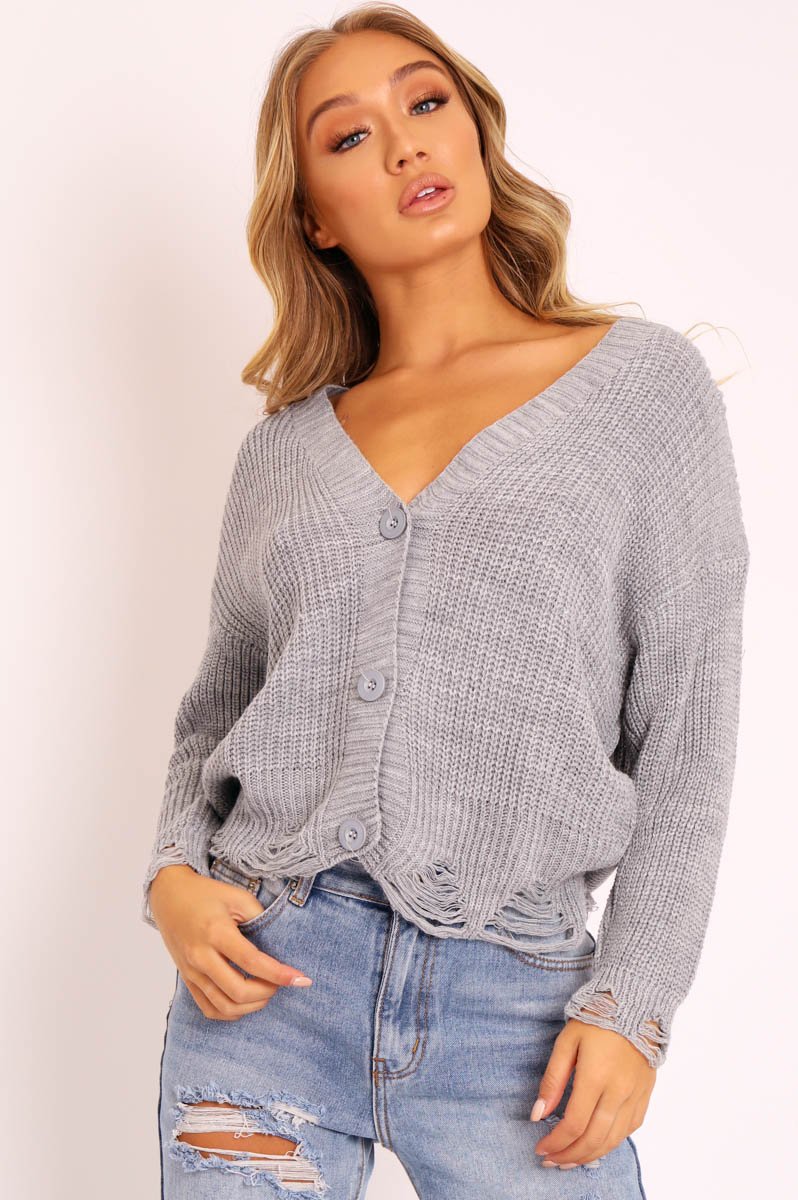 Grey Knitted Distressed Button Front Cardigan - Trudie-Cardigans