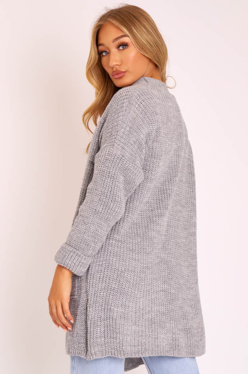 Grey Knitted Oversized Pocket Detail Cardigan - Anna-Cardigans