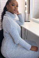 Grey Knitted Roll Neck Jumper Dress - Cecily-Dresses