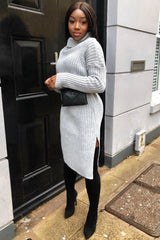 Grey Knitted Roll Neck Jumper Dress - Cecily-Dresses