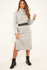 Grey Knitted Roll Neck Jumper Dress - Cecily-Dresses