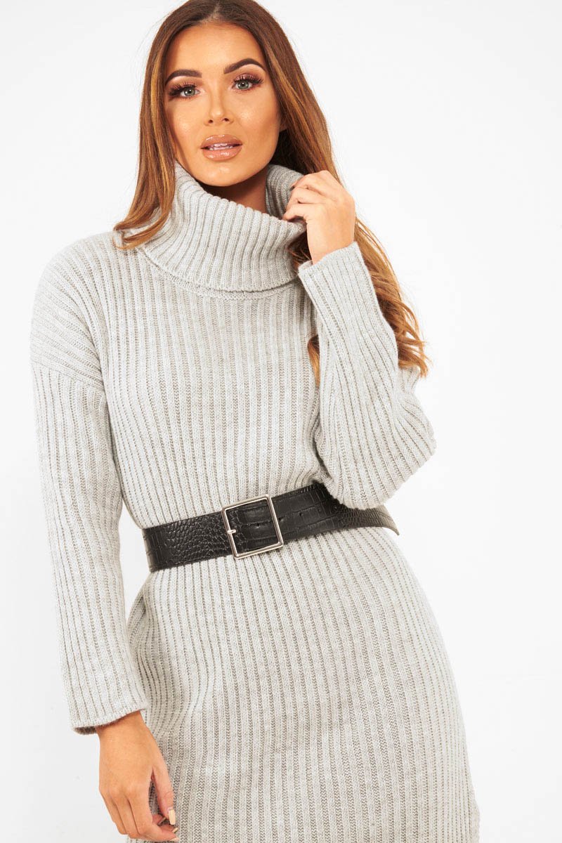 Grey Knitted Roll Neck Jumper Dress - Cecily Rebellious Fashion Grey Knitted Roll Neck Jumper Dress - Cecily Rebellious Fashion