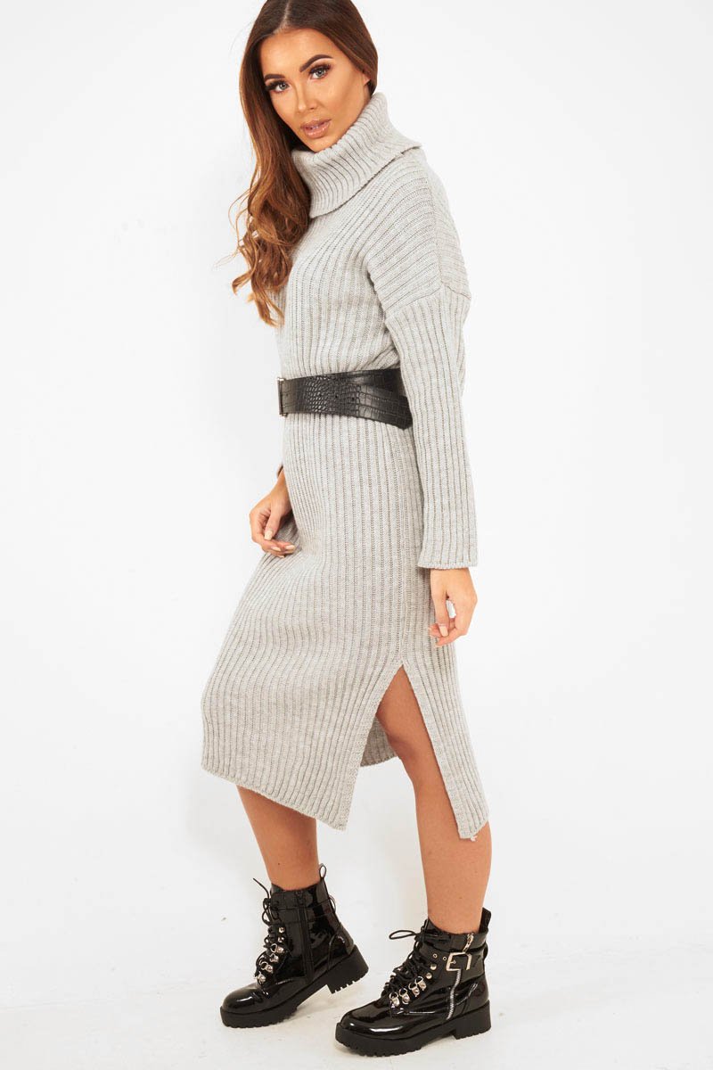 Grey Knitted Roll Neck Jumper Dress - Cecily Rebellious Fashion Grey Knitted Roll Neck Jumper Dress - Cecily Rebellious Fashion