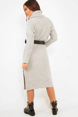 Grey Knitted Roll Neck Jumper Dress - Cecily-Dresses