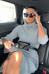 Grey Knitted Roll Neck Jumper Dress - Cecily-Dresses