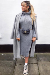 Grey Knitted Roll Neck Jumper Dress - Cecily-Dresses