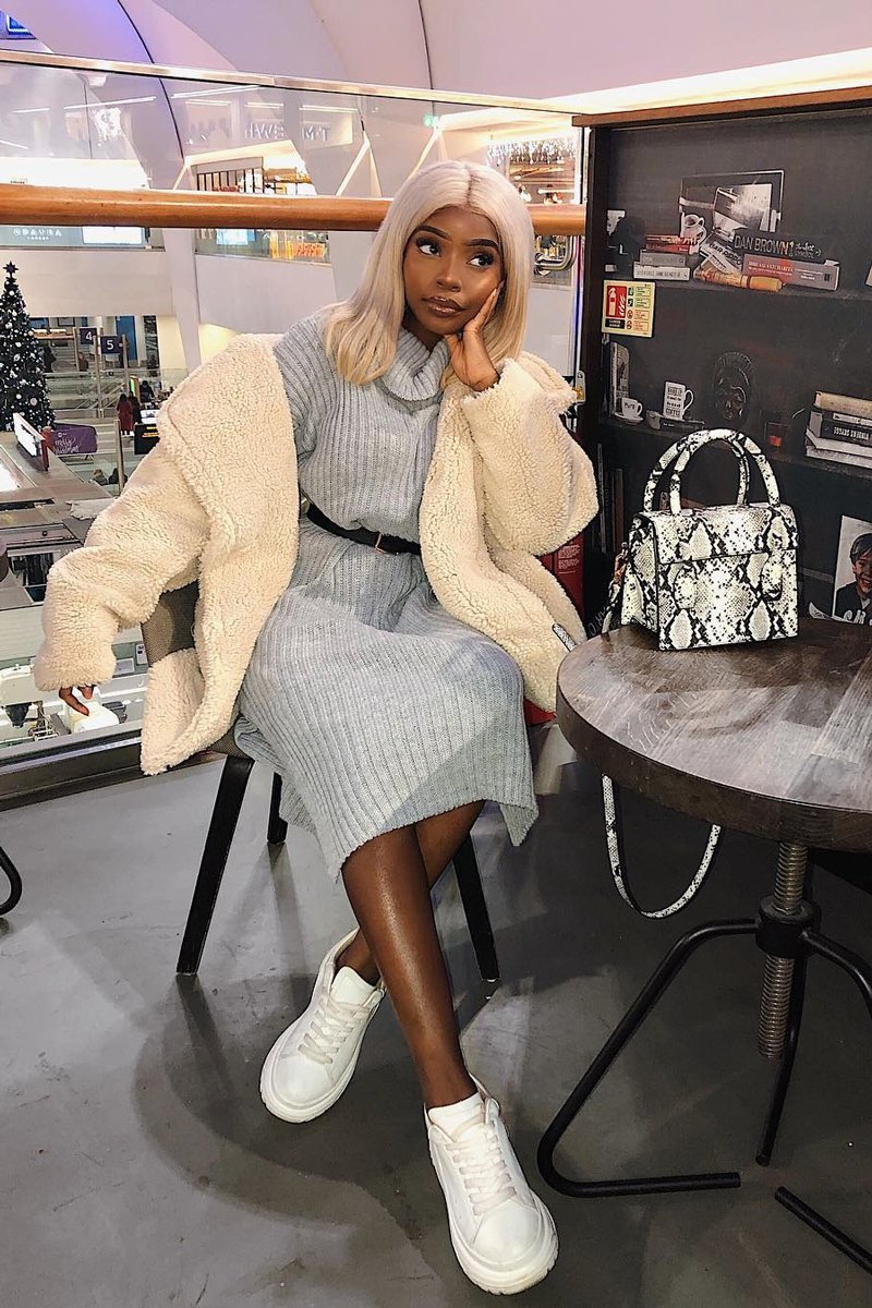 Grey Knitted Roll Neck Jumper Dress - Cecily-Dresses