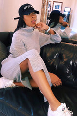 Grey Knitted Roll Neck Jumper Dress - Cecily-Dresses