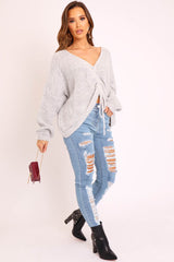 Grey Knitted Ruched Tie Front Jumper - Soraya-Jumper