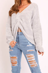 Grey Knitted Ruched Tie Front Jumper - Soraya-Jumper