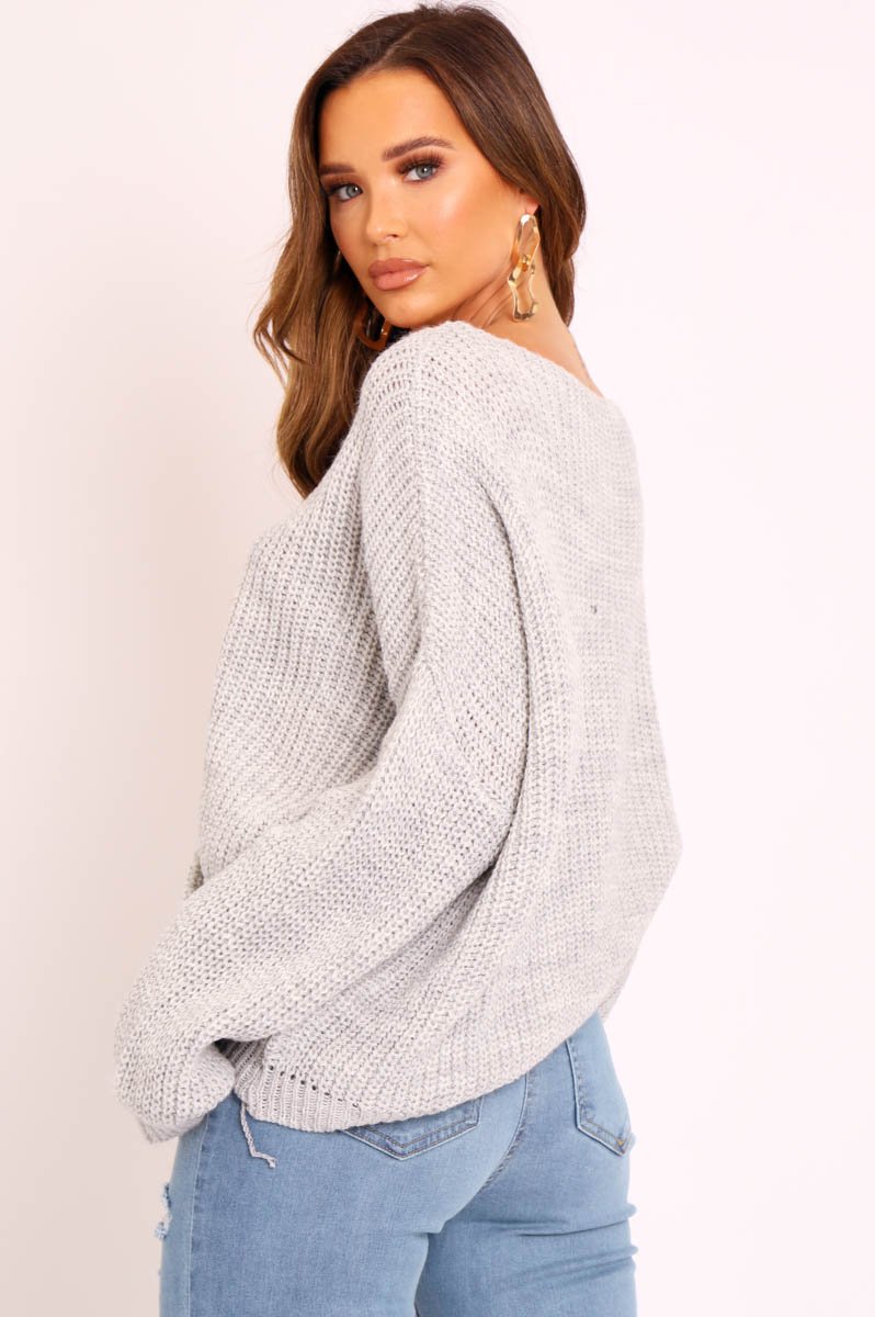 Grey Knitted Ruched Tie Front Jumper - Soraya-Jumper
