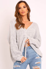 Grey Knitted Ruched Tie Front Jumper - Soraya-Jumper