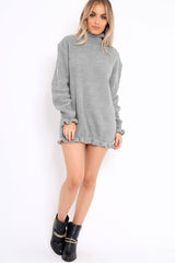 Grey Knitted Ruffle Jumper Dress with Elasticated hems - Velma-Dresses