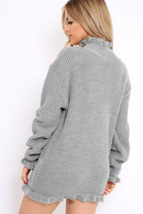 Grey Knitted Ruffle Jumper Dress with Elasticated hems - Velma-Dresses