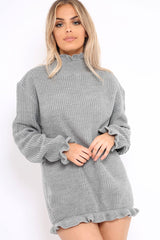 Grey Knitted Ruffle Jumper Dress with Elasticated hems - Velma-Dresses