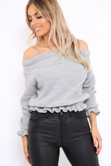 Grey Knitted Ruffle Jumper with Elasticated hems - Eve-Jumper