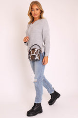 Grey Knitted Scallop Edge Plunge Neckline Jumper - Lylia-Jumper