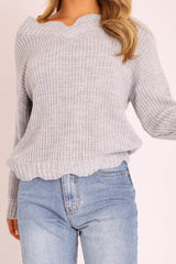 Grey Knitted Scallop Edge Plunge Neckline Jumper - Lylia-Jumper