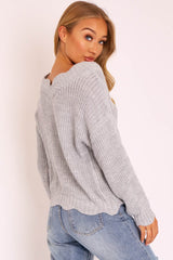 Grey Knitted Scallop Edge Plunge Neckline Jumper - Lylia-Jumper