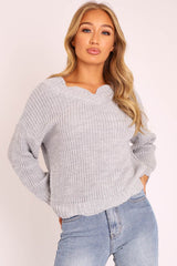 Grey Knitted Scallop Edge Plunge Neckline Jumper - Lylia-Jumper