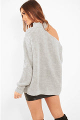 Grey Knitted Slash Neck Off Shoulder Jumper - Hazel-Jumper