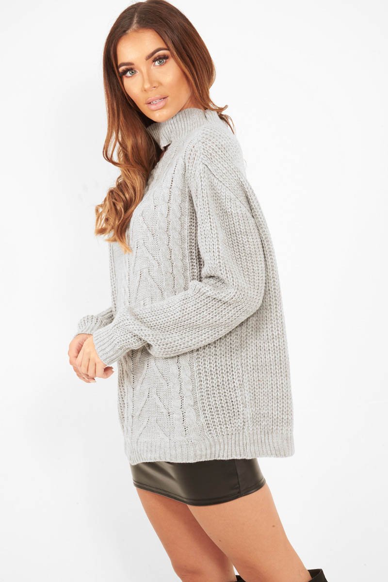 Grey Knitted Slash Neck Off Shoulder Jumper - Hazel-Jumper