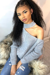 Grey Knitted Slash Neck Off Shoulder Jumper - Hazel-Jumper