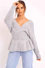 Grey Knitted Wrap Front Plunge Peplum Jumper - Samara-Knitwear