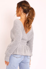 Grey Knitted Wrap Front Plunge Peplum Jumper - Samara-Knitwear