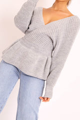 Grey Knitted Wrap Front Plunge Peplum Jumper - Samara-Knitwear