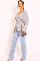 Grey Knitted Wrap Front Plunge Peplum Jumper - Samara-Knitwear