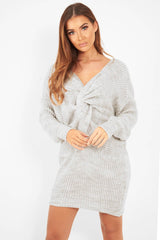 Grey Knot Front Jumper Dress - Hydee-Dresses