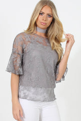 Grey Lace Choker Top - Leana-Tops
