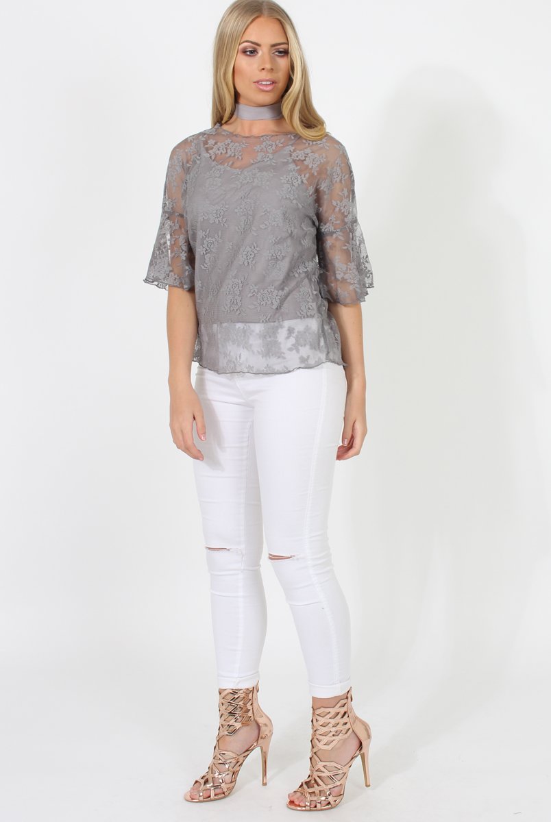 Grey Lace Choker Top - Leana-Tops
