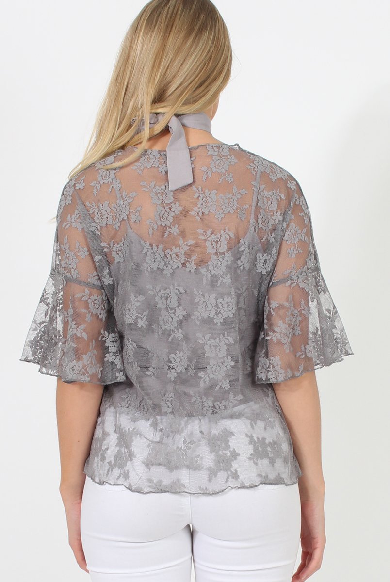 Grey Lace Choker Top - Leana-Tops