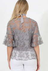 Grey Lace Choker Top - Leana-Tops