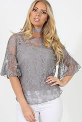 Grey Lace Choker Top - Leana-Tops