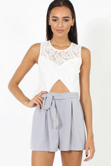 Grey Lace Pleated Cut Out Playsuit - Renata-Playsuits